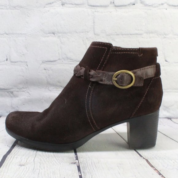Clarks Shoes - Clarks Brown Suede Braided Strap Side Zip Ankle Booties Size 9 M